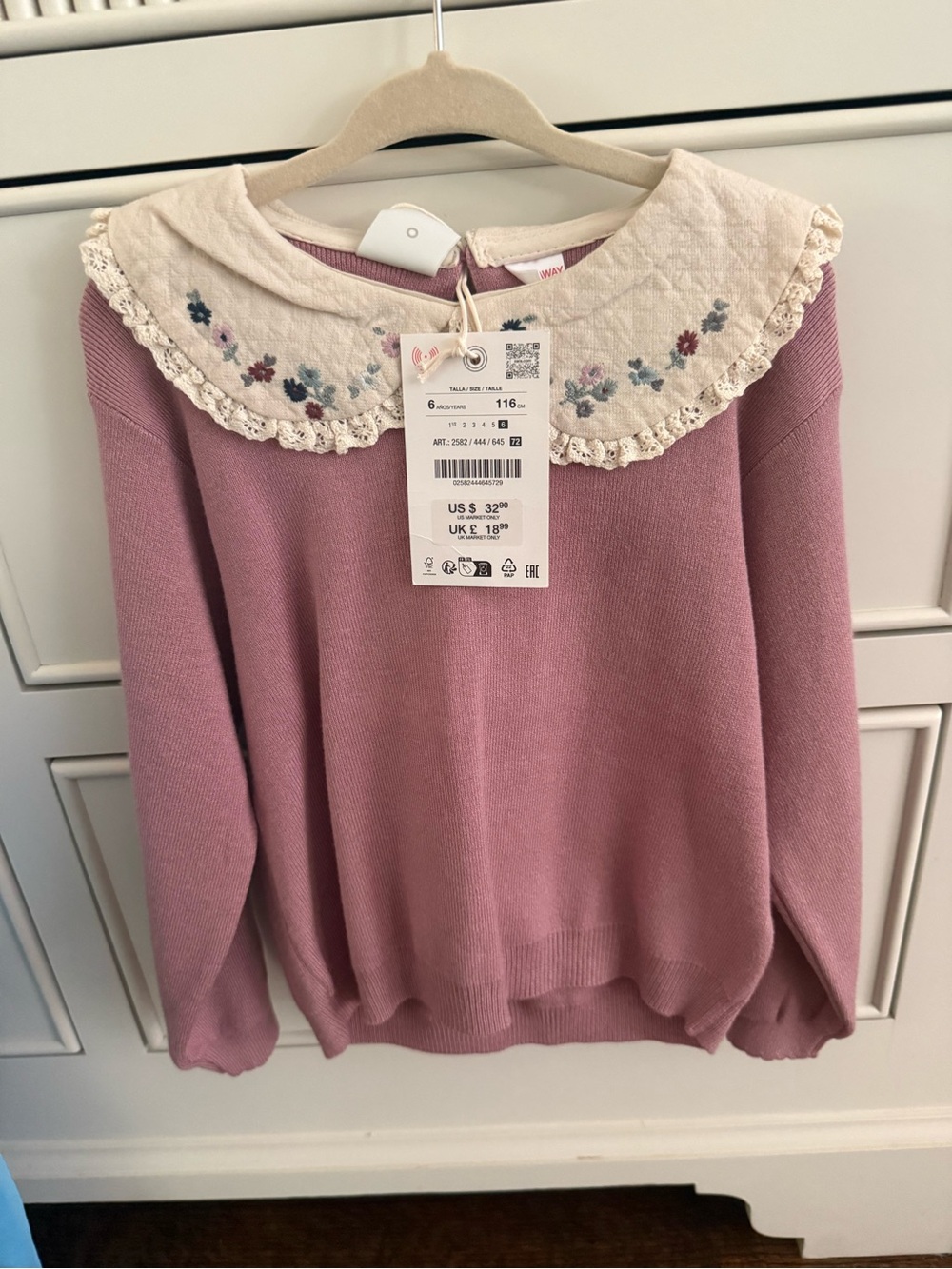 NWT Zara Mauve long sleeve blouse with Embroidered Peter Pan Collar, sz 6yr